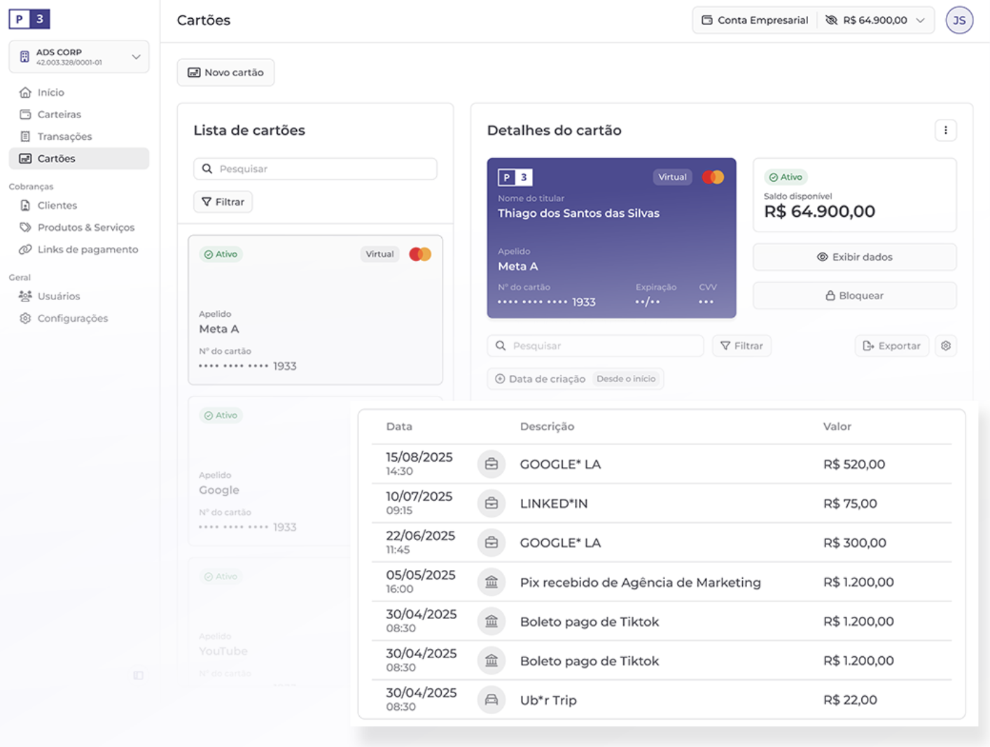 Plataforma Portão 3 com lista de cartões virtuais e detalhes das transações