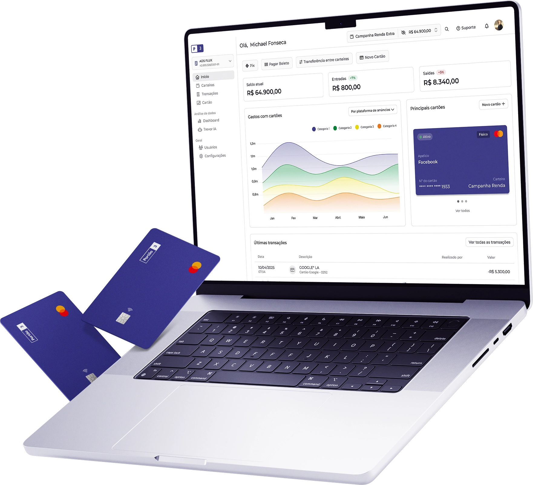Plataforma Portão 3 em um notebook com cartões corporativos virtuais e físicos