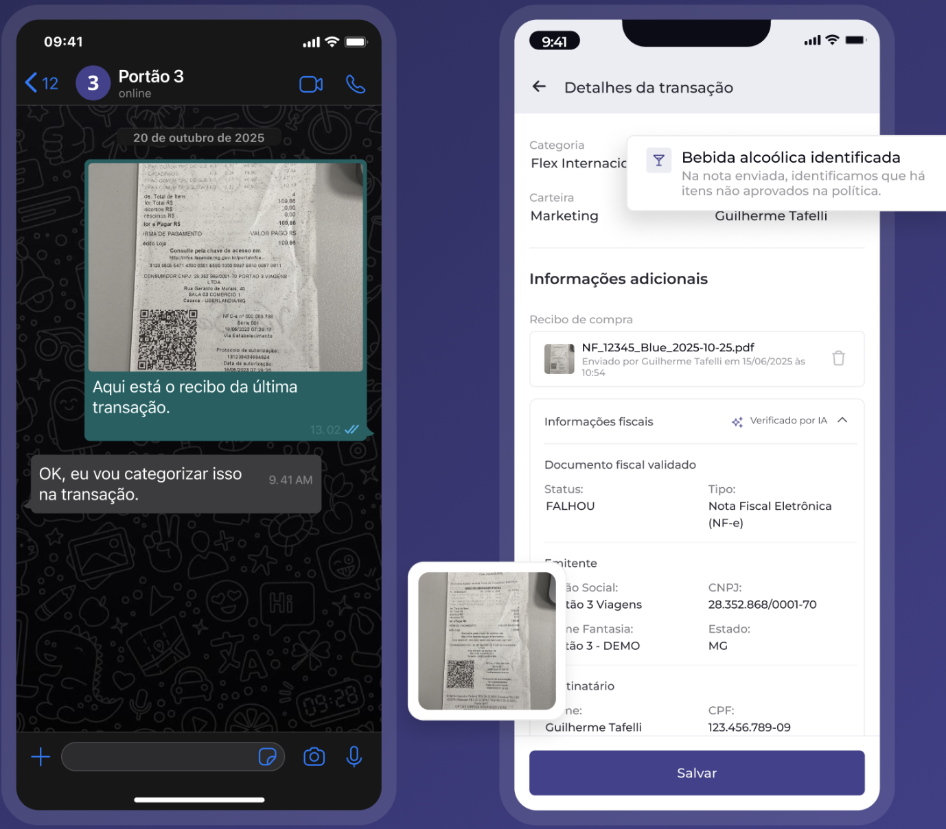 Envio de recibo pelo WhatsApp e validação fiscal por IA na Portão 3
