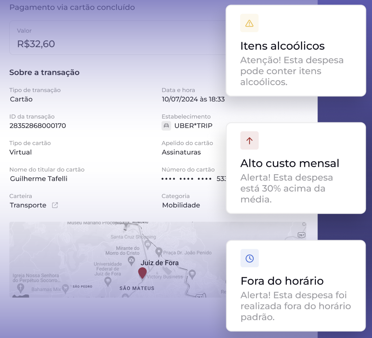 Detalhes da transação com alertas de itens alcoólicos, alto custo mensal e fora do horário